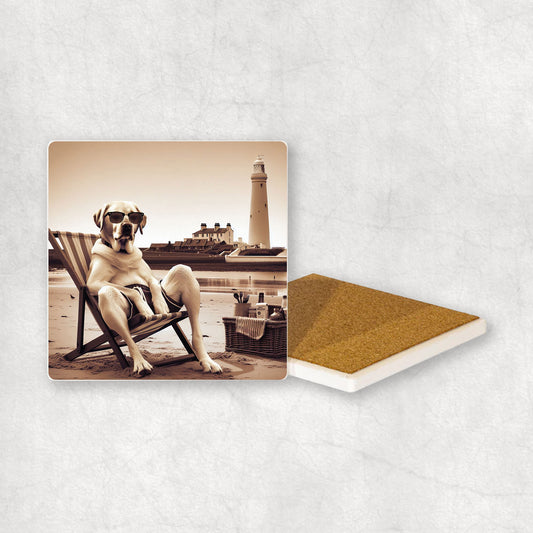 Ceramic Coaster gift with a Yellow Labrador dog design, wearing shorts, relaxes on a beach lounger at Whitley Bay with a lighthouse in the background.