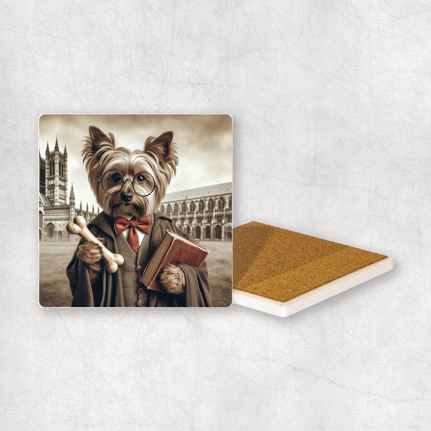 Ceramic Coaster gift with a Yorkshire Terrier dog design wearing a student's gown, glasses, holding a bone and a book in its paws, with the university in the background.