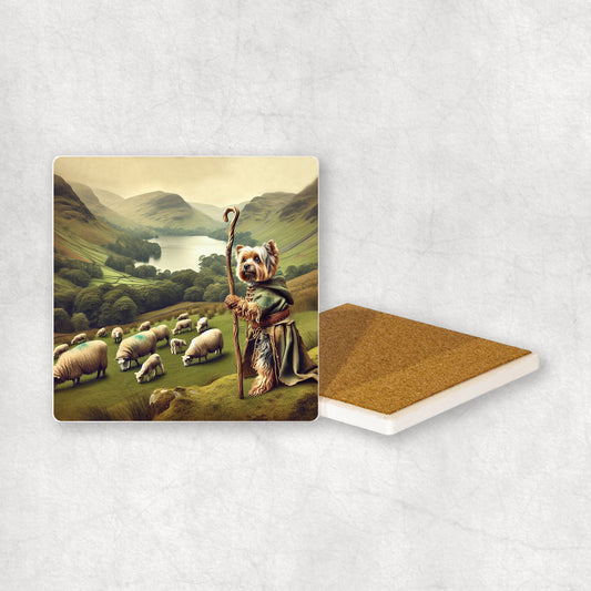 Ceramic Coaster gift with a Yorkshire Terrier dog design, looking like a shepherd, with sheep and the Lake District in the background.