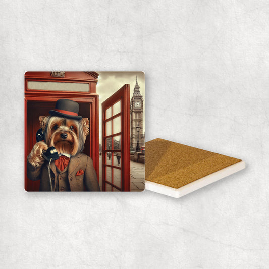 Ceramic coaster gift with a Yorkshire Terrier dog design, wearing a suit, talks on the phone in a red telephone booth in London with Big Ben in the background. 