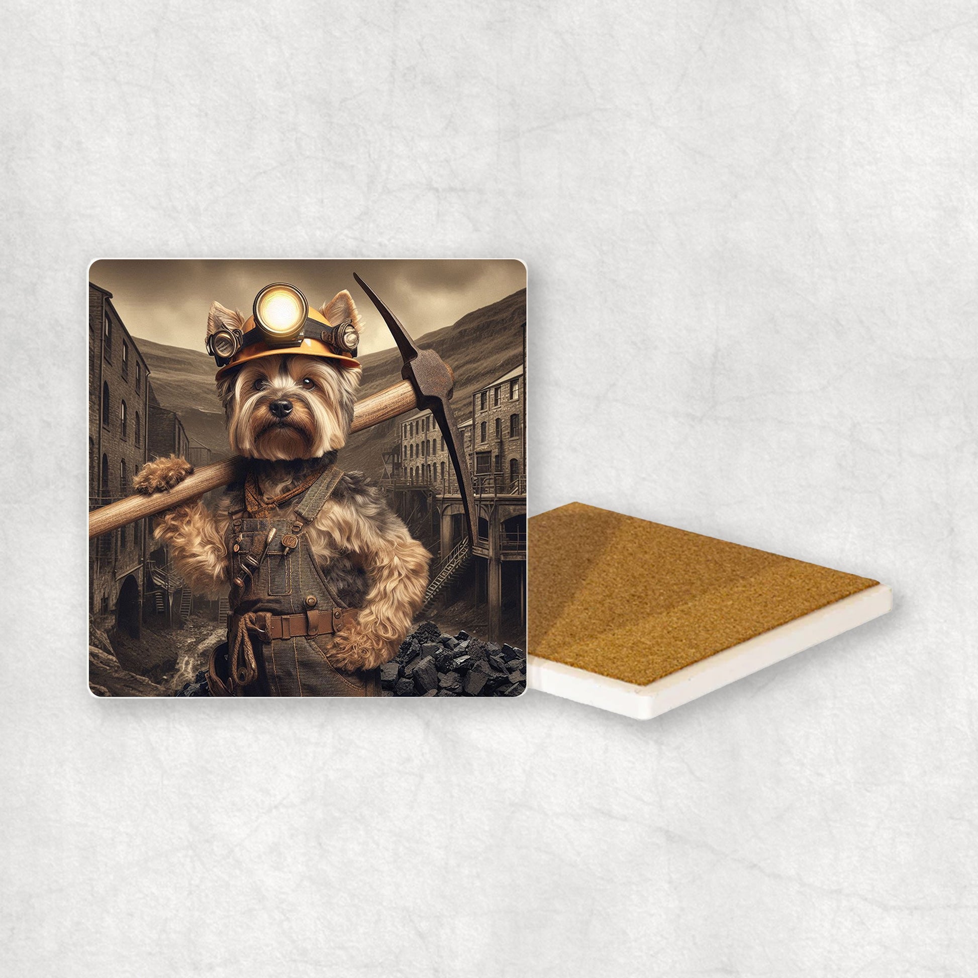 Ceramic Coaster gift with a Yorkshire Terrier dog design, dressed like a miner with a pickaxe in its paw, with a mine in the background.