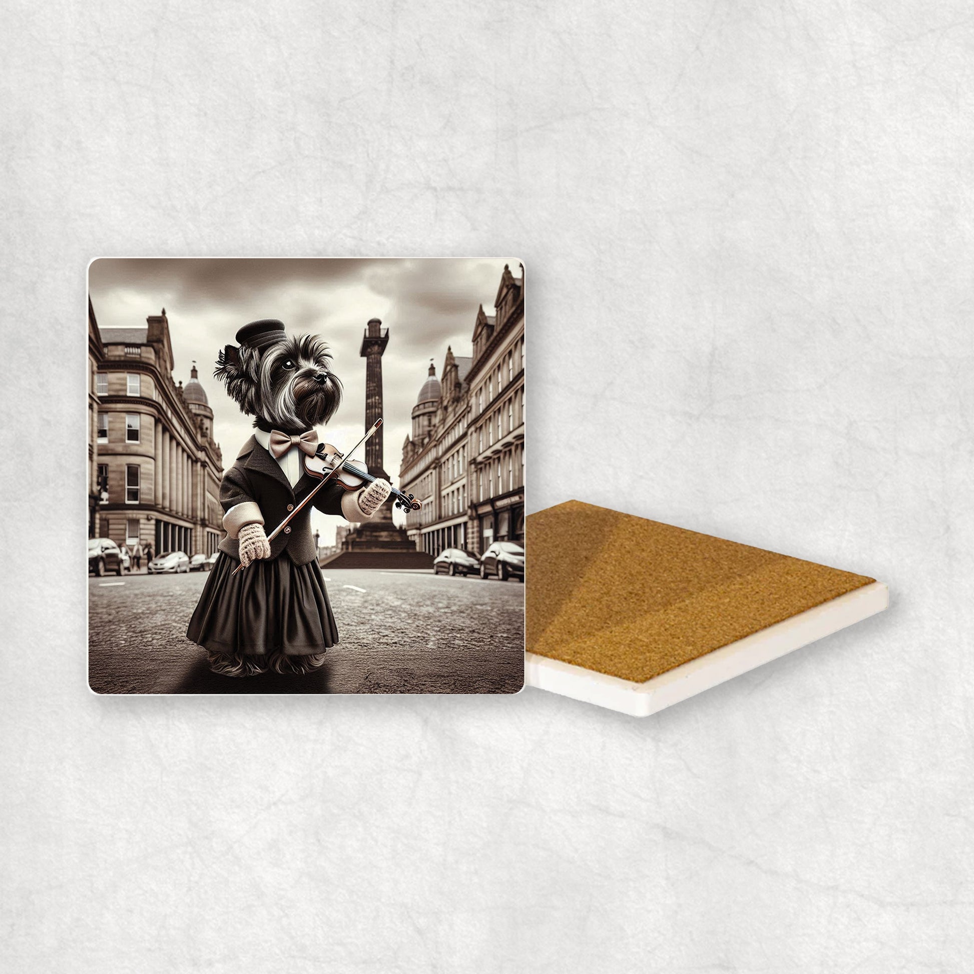 Ceramic coaster gift with aYorkshire Terrier dog design, wearing a dress and a hat, playing the violin, with a beautiful city centre in the background.