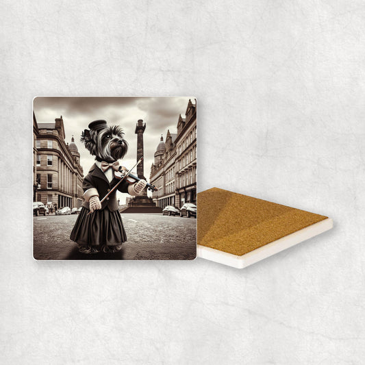 Ceramic coaster gift with aYorkshire Terrier dog design, wearing a dress and a hat, playing the violin, with a beautiful city centre in the background.
