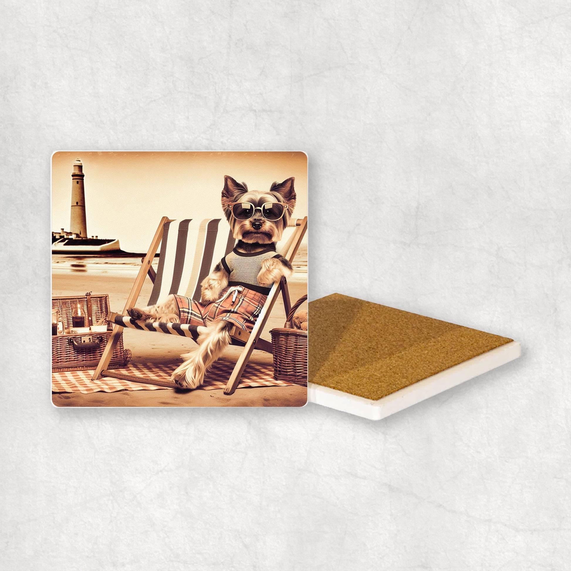 Ceramic Coaster gift with a Yorkshire Terrier dog design, wearing shorts, relaxes on a beach lounger at Whitley Bay with a lighthouse in the background.