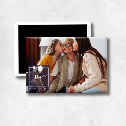 Personalised horizontal ceramic magnet with printed photo and 'Mom You Are The Best' text with white roses in the bottom left corner. 