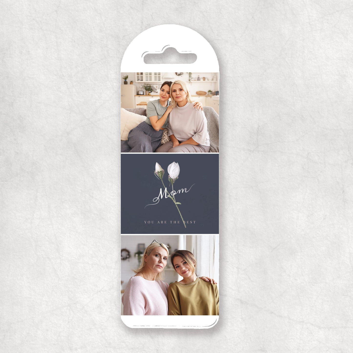 A personalised photo collage bookmark with two photos and the 'Mom, you are the best' text.