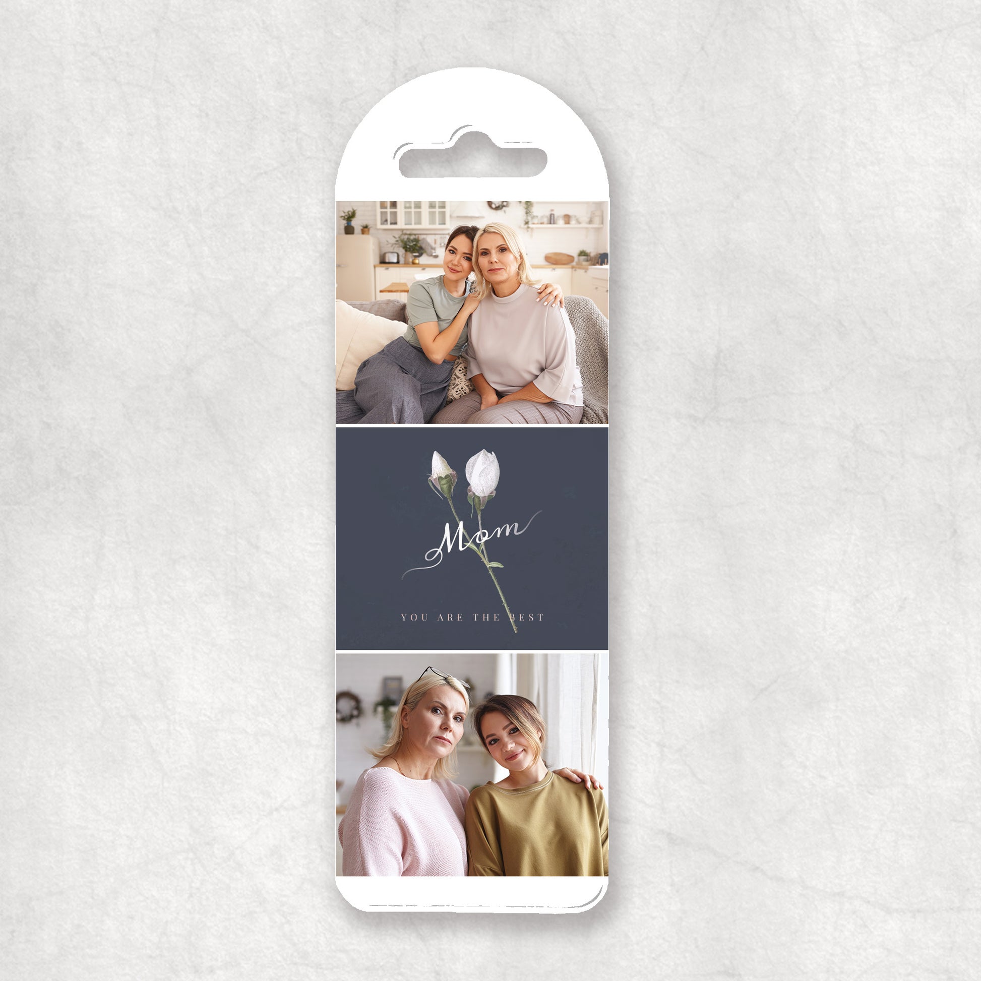 A personalised photo collage bookmark with two photos and the 'Mom, you are the best' text.