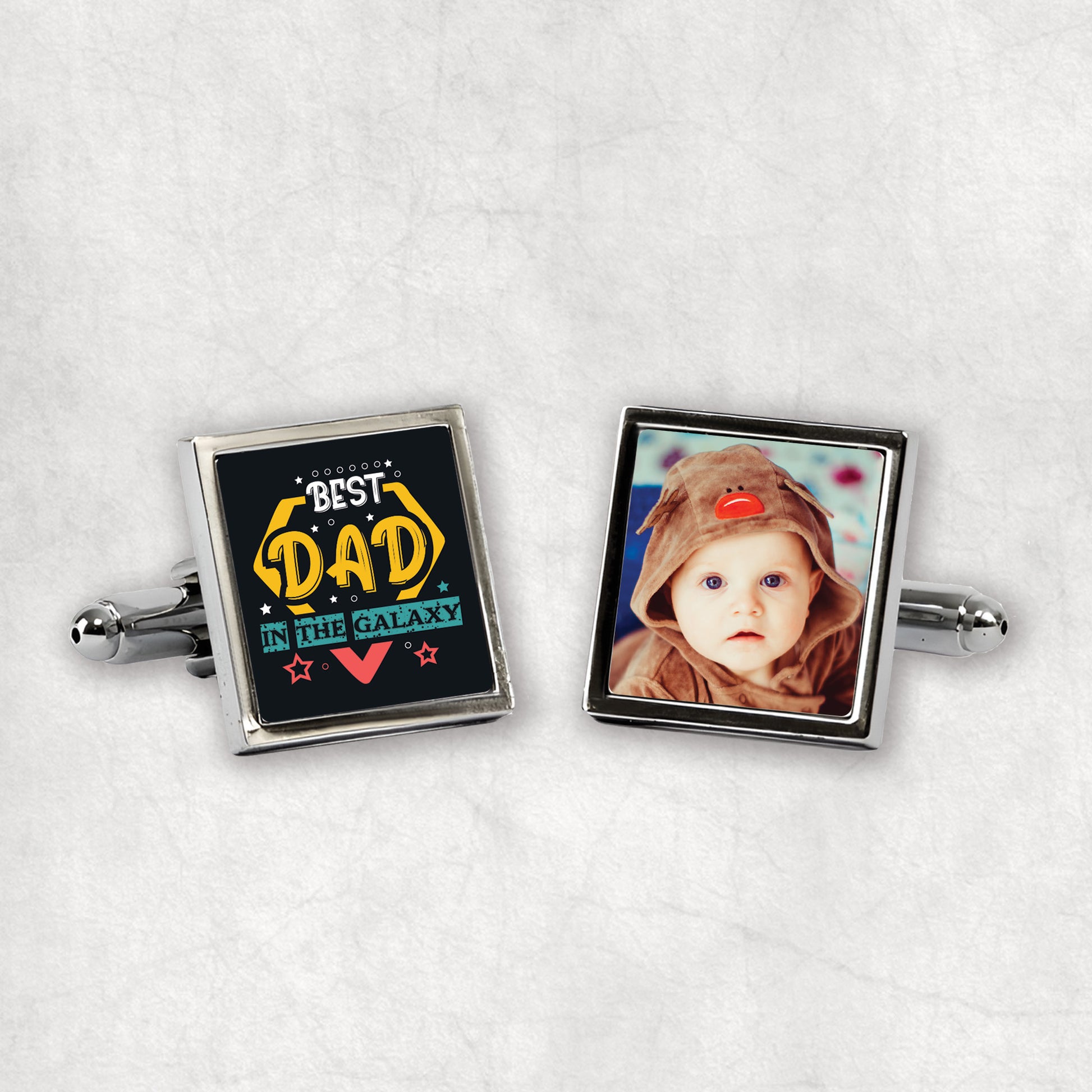 Personalised Photo Cufflinks with 'Best Dad in the Galaxy' text, the perfect gift for any occasion.