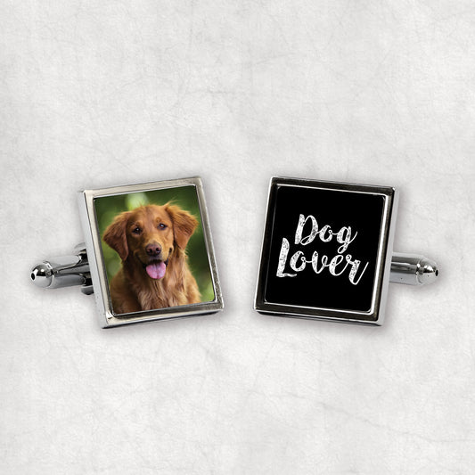 Personalised photo cufflinks with 'Dog Lover' text, the perfect gift for any occasion.