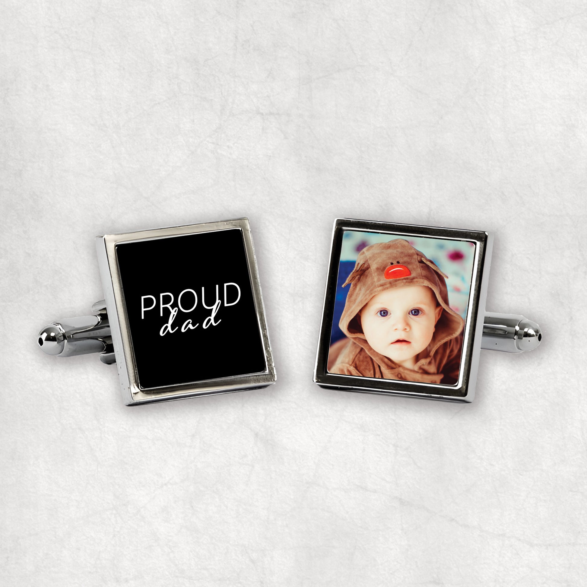 Personalised photo cufflinks with Proud Dad text gift for any occasion.