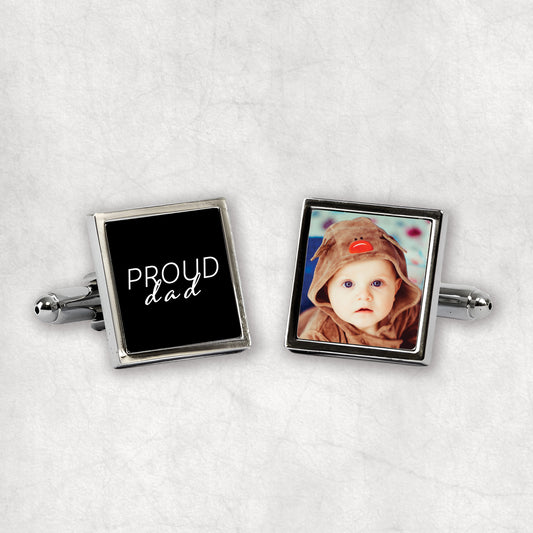 Personalised photo cufflinks with Proud Dad text gift for any occasion.