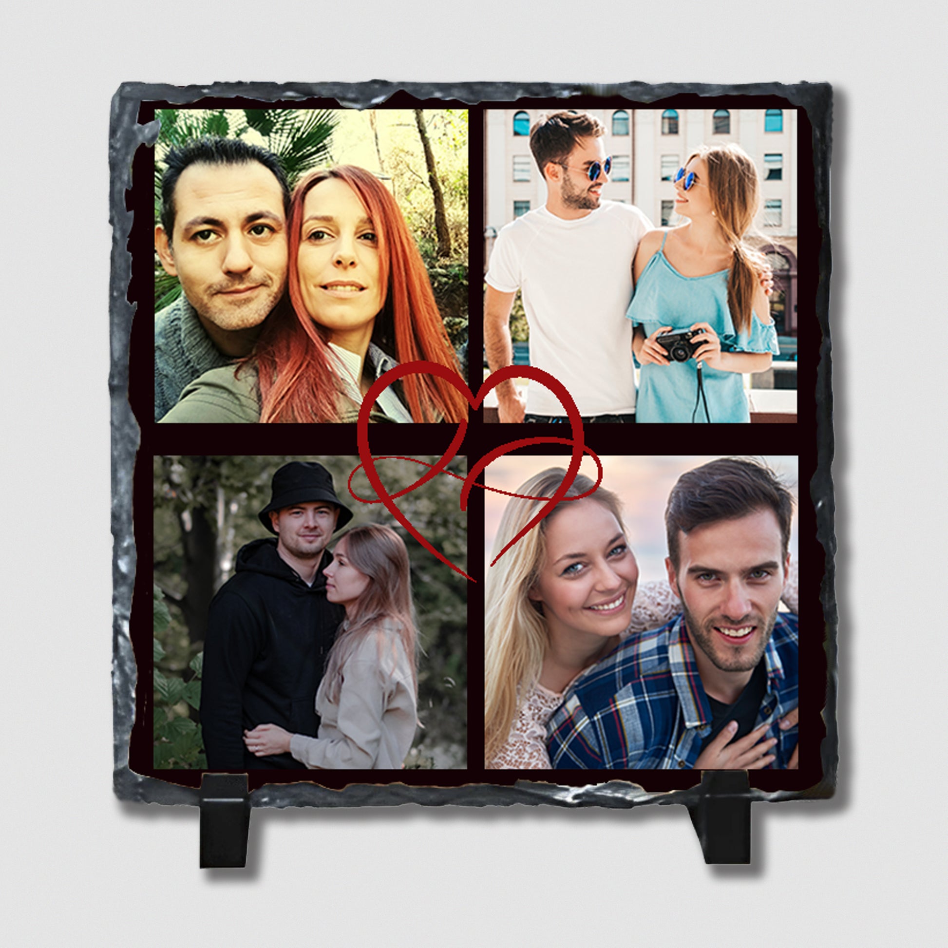 A personalized photo collage on a rock slate with a red heart symbol between images, featuring four personal photos.