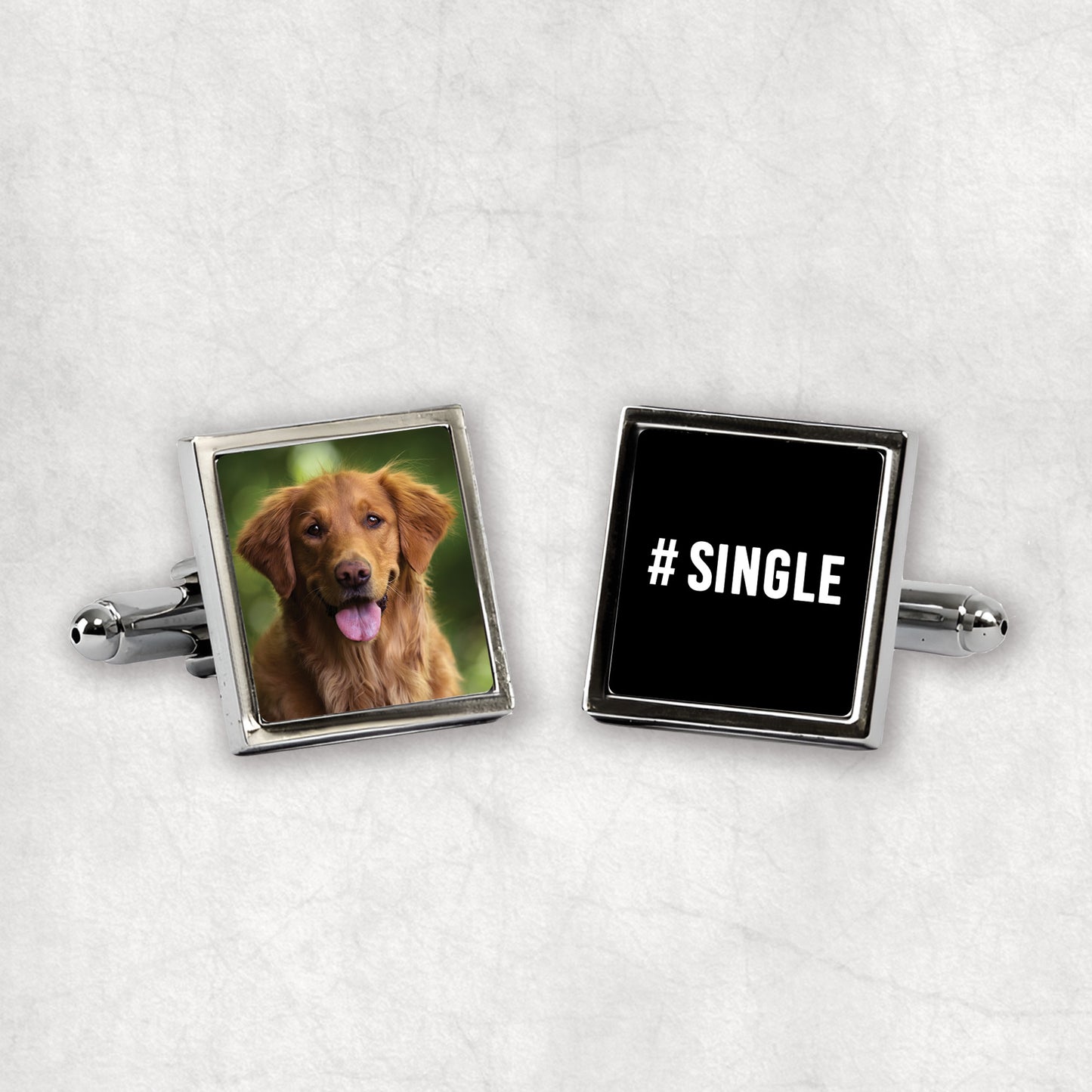 Personalised photo cufflinks with '#SINGLE' text, the perfect gift for any occasion.
